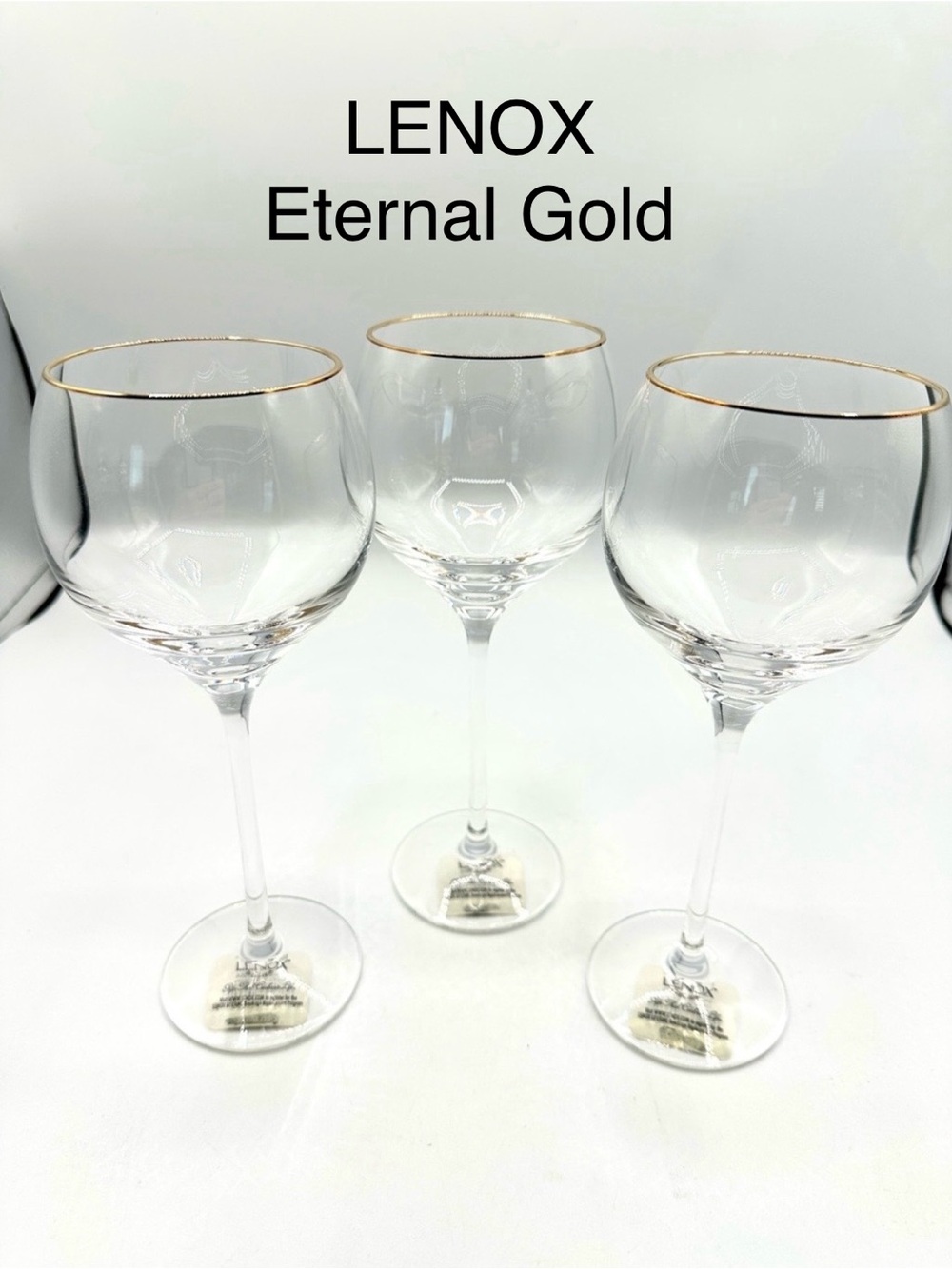 3 Lenox Eternal Gold Signature Wine Glasses w 24K Gold rim. NWT
